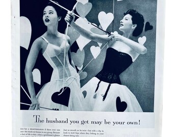 Vtg Merry Widow Warner's Lingerie Print Ad 10.5 x 13 Valentine Hearts Cupid 1956