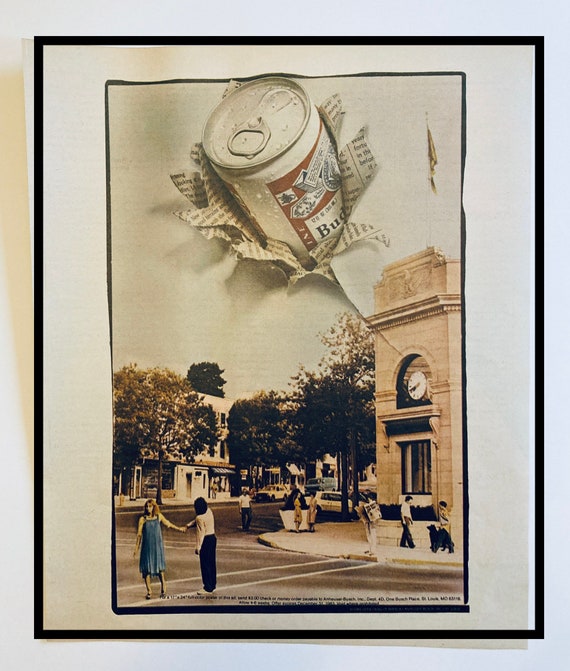 Vtg Budweiser Print Ad 1983 Art Collage Style Beer Can Breaking
