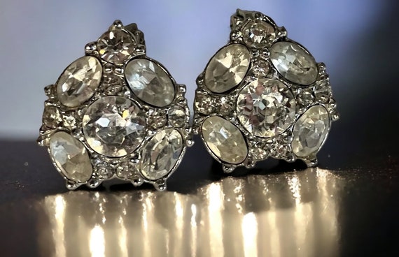 Vtg Bogoff Signed Estate Earrings Rhinestone Hear… - image 1