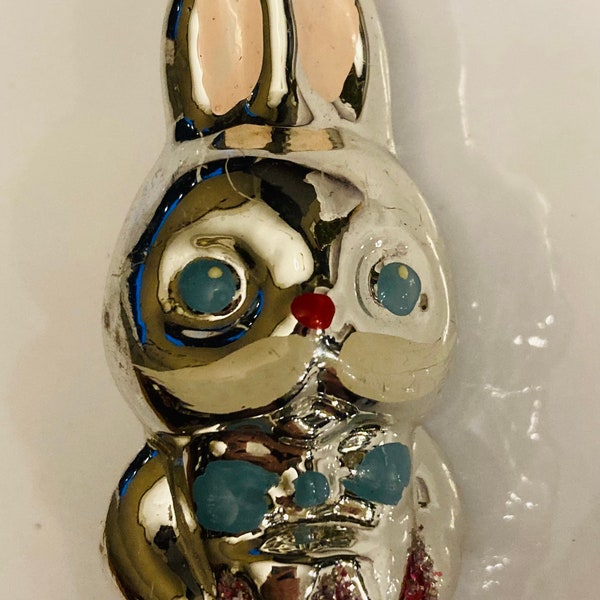 Vtg Soviet USSR Rabbit Bunny Santa Christmas Ornament Silver Tone Glass 4 inch