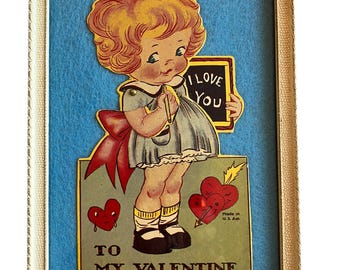 Vtg Valentine's Day Card In Vtg Frame Little Girl Holding Slate To My Valentine