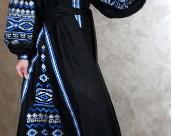 Vestido Vyshyvanka de lino negro, vestido popular boho bordado ucraniano