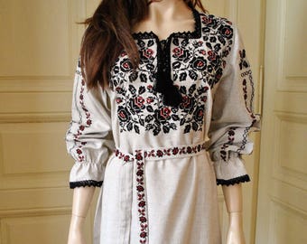 Traditional embroidered ukrainian midi dress with rose embroidery Linen women dress