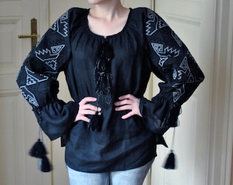 Black women's embroidered blouse Ukrainian embroidery Ukrainian Blouse for spring Ethnic blouse Flower Vyshyvanka shirt Linen blouse