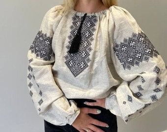 Linen embroidered blouse Ukrainian embroidery vyshyvanka shirt Puff sleeve top for women