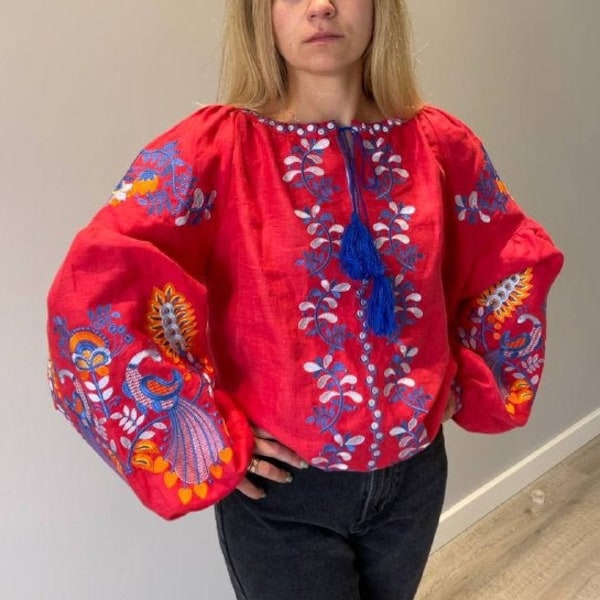 Red vyshyvanka blouse Bird and flowers embroidery peasant shirt Summer ukrainian embroidered linen top