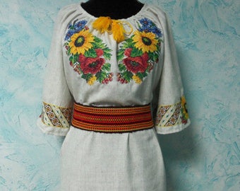 White linen floral blouse Ukrainian ethnic shirt with folk embroidery Embroidered boho tunic with sunflowers