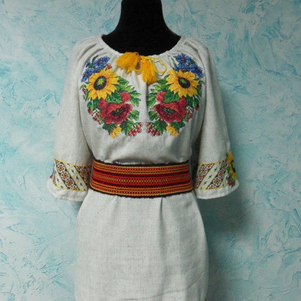 White linen floral blouse Ukrainian ethnic shirt with folk embroidery Embroidered boho tunic with sunflowers