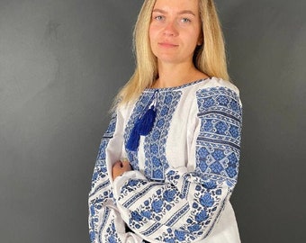 Traditional Ukrainian embroidery blouse Blue cross stitched embroidered white cotton top Boho shirt with flower design