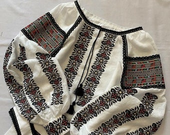 Embroidered Linen Top: Ukrainian Vyshyvanka Blouse, Boho Puff Sleeve