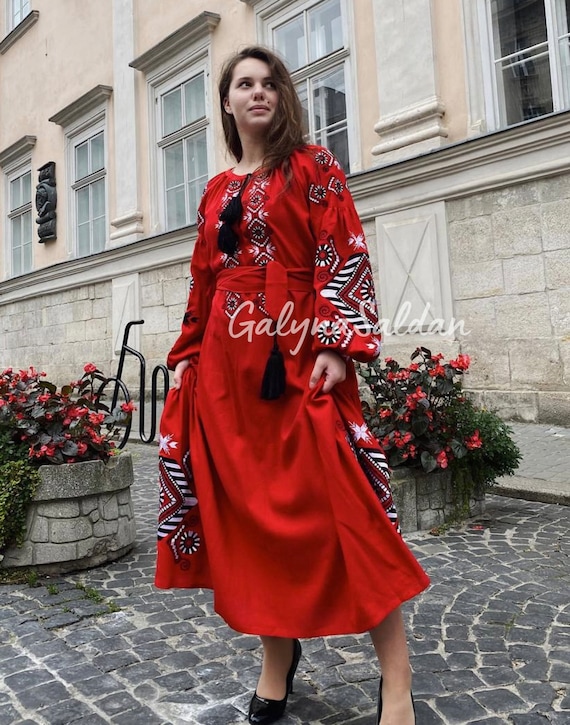 Red Embroidered Maxi Women Dress With Cross Stitch Embroidery Linen-cotton  Boho Clothes - Etsy