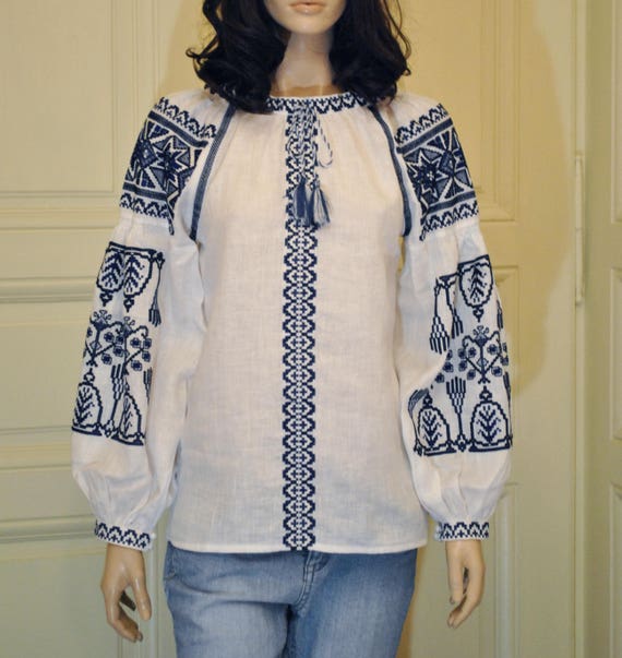 Royal white embroidered blouse Boho linen blouse for women | Etsy