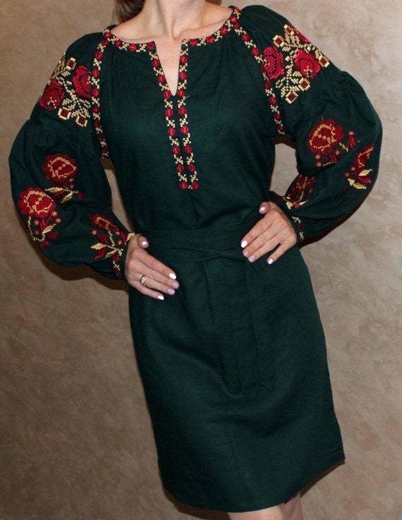 Ukrainian Embroidered Dress Dark Green Vyshyvanka With Rose Embroidery  Traditional Midi Gown - Etsy