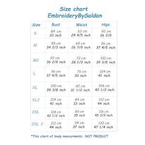 May include: Size chart for clothing with measurements in inches and centimetres. Bust, waist, and hip measurements are listed for sizes S, M, M2, L, XL, XL2, 2XL, and 2XL 2.