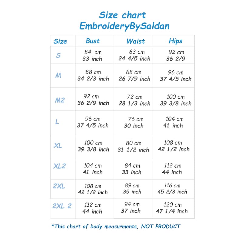 May include: Size chart for clothing with measurements in inches and centimetres. Bust, waist, and hip measurements are listed for sizes S, M, M2, L, XL, XL2, 2XL, and 2XL 2.
