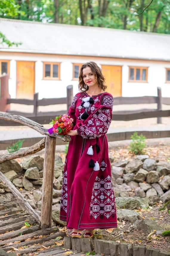 Raspberry Embroidered Maxi Women Dress With Cross Stitch Embroidery Linen Boho Clothes Etsy