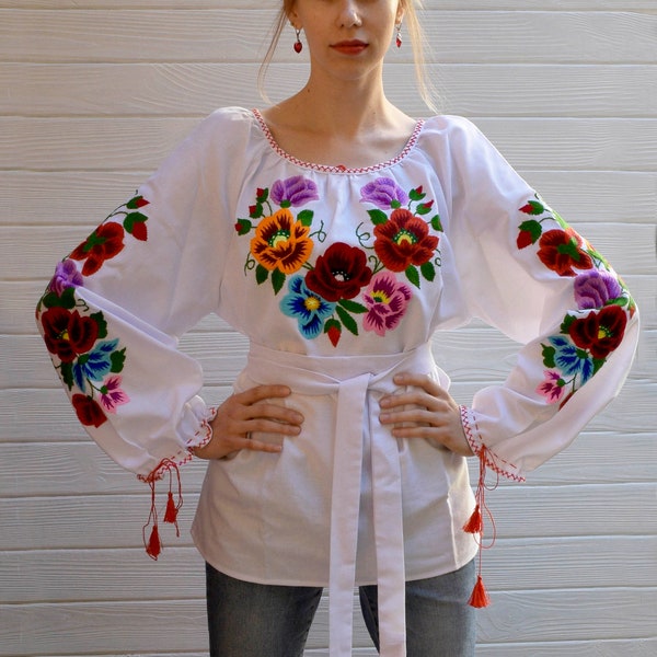 Hand embroidered Vyshyvanka blouse with Flowers Embroidery blouse Ukrainian style Blouse with flowers Ethnic clothing Folk blouse