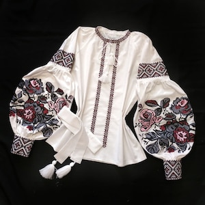 White cotton blouse with puff sleeves Ukrainian vyshyvanka with floral ornament Embroidered folk style top