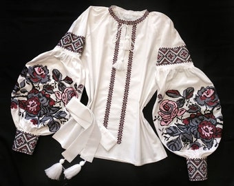 Embroidered White Cotton Blouse: Ukrainian Vyshyvanka, Floral Puff Sleeves
