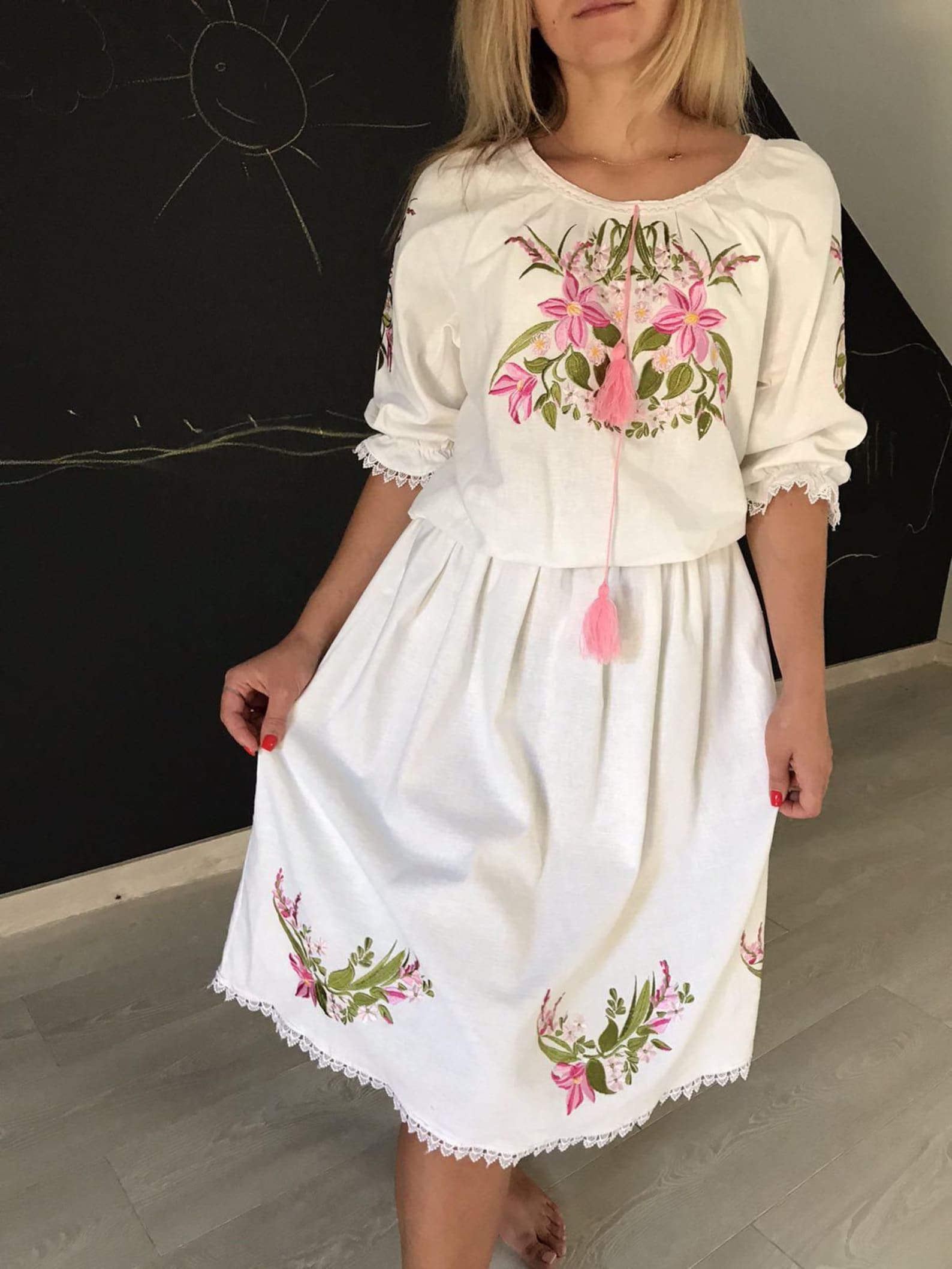 Midi Linen Embroidered Dress Lilies Embroidery Summer Dress Etsy