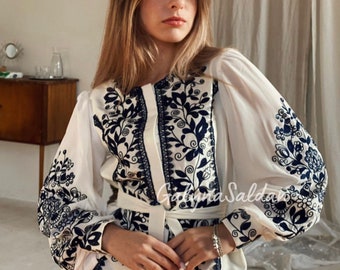 Embroidered Ukrainian Vyshyvanka Blouse, Floral Ornament, Homespun Cotton