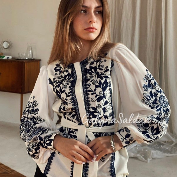 Milky shade embroidered blouse Ethnic embroidered top on homespun cotton Ukrainian vyshyvanka with floral ornament