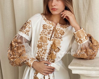 Embroidered Floral Blouse Ukrainian Vyshyvanka, Tulle Puff Sleeves