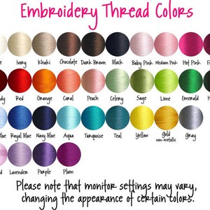 May include: Chart of embroidery thread colours with names for each colour. Colours include white, ivory, khaki, chocolate, dark brown, black, baby pink, medium pink, hot pink, fuchsia, burgundy, red, orange, coral, peach, celery, sage, lime, emerald, hunter, baby blue, royal blue, navy blue, aqua, turquoise, teal, yellow, gold, grey, orchid, lavender, purple, and plum.