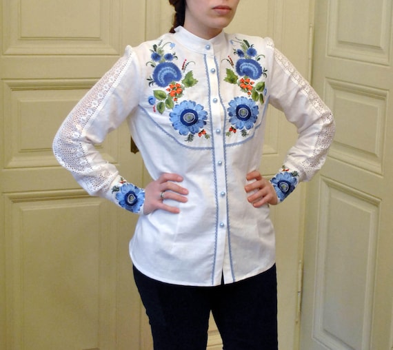 Blusa bordada flores azules bordada camisa blanca mujer - Etsy