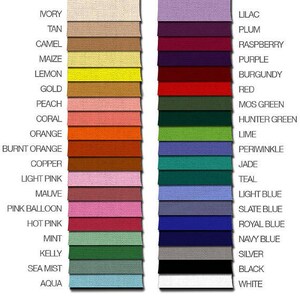 May include: A colour chart with 24 fabric swatches. The swatches are arranged in two columns, with the colours on the left side ranging from ivory to aqua and the colours on the right side ranging from lilac to white.
