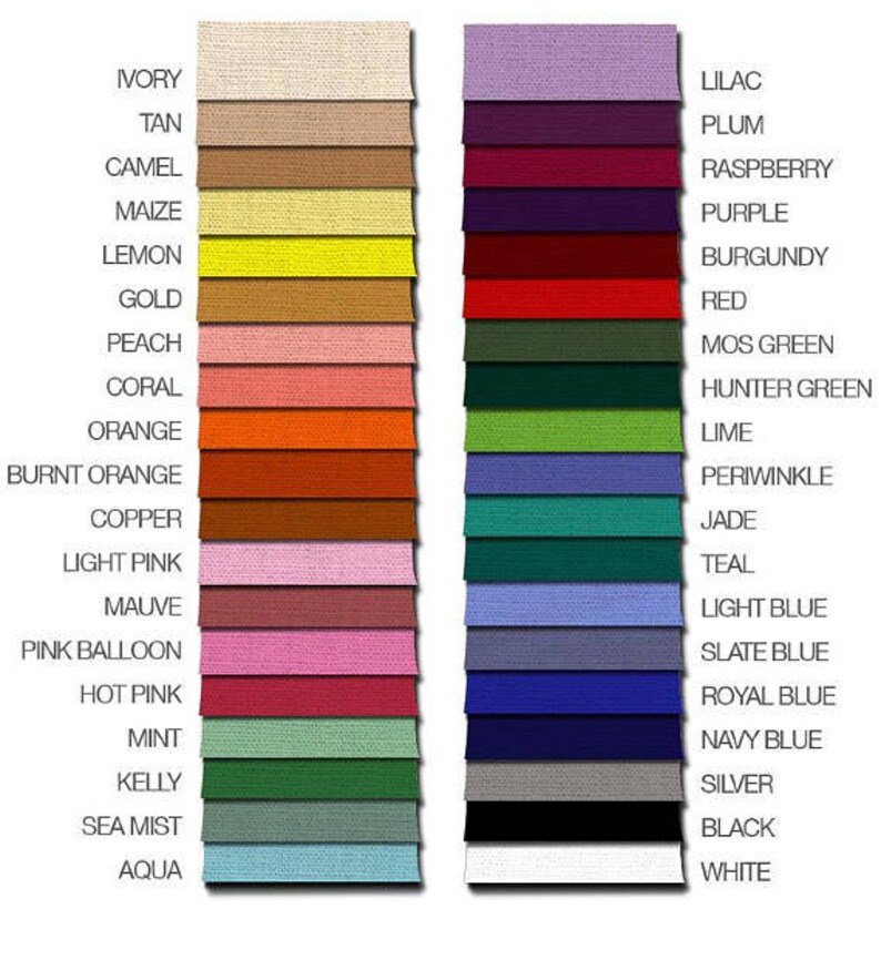 May include: A colour chart with 24 fabric swatches. The swatches are arranged in two columns, with the colours on the left side ranging from ivory to aqua and the colours on the right side ranging from lilac to white.
