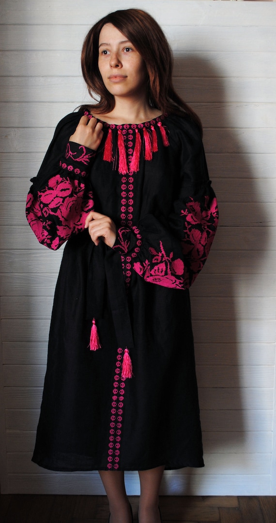 Black linen dress with flowers vyshyvanka for women Ukrainian | Etsy