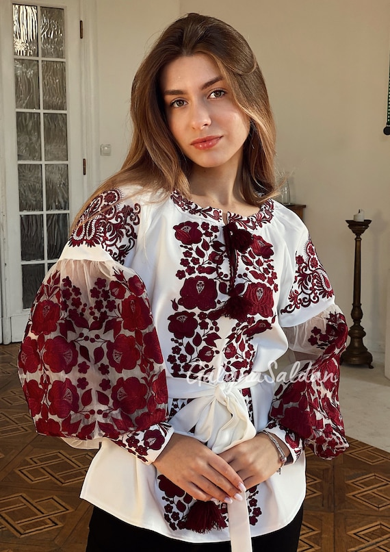 Ukrainian Milky Floral Embroidered Blouse with Puff Tulle Sleeves, Traditional Vyshyvanka Top, Handmade Folk Shirt for Women, Custom Order
