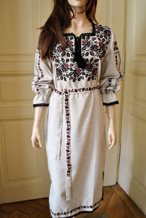 Traditional Embroidered Ukrainian Midi Dress With Rose Embroidery Linen  Women Dress - Etsy