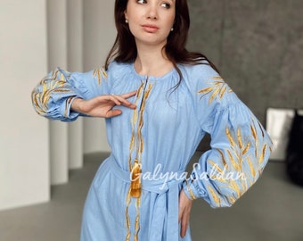Blue Vyshyvanka Dress with ears of wheat for Women.