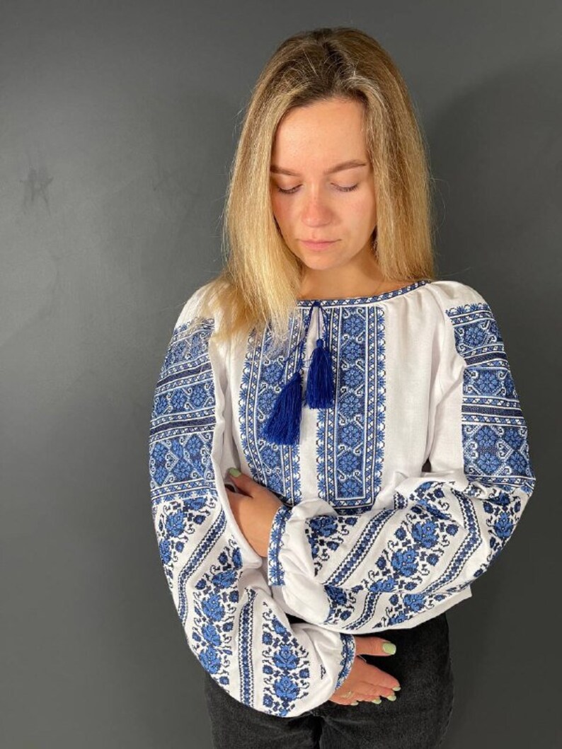 Traditional Ukrainian Embroidery Blouse Blue Cross Stitched Etsy