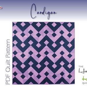 May include: A PDF quilt pattern titled "Cardigan" with a geometric design in shades of purple and navy blue. The pattern is from The Happy Kiwi Quilt Studio.