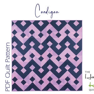 May include: A square quilt featuring a repeating geometric pattern in dark navy blue and light lavender. The text Cardigan appears at the top, PDF Quilt Pattern on the left, and The Happy Kiwi Quilt Studio logo is in the bottom right corner.