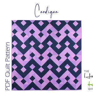 May include: A square quilt featuring a repeating geometric pattern in dark navy blue and light lavender. The text Cardigan and PDF Quilt Pattern appear on the image, along with the logo for The Happy Kiwi Quilt Studio in the bottom corner.
