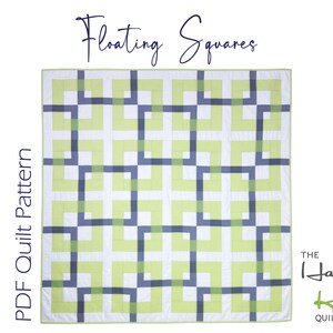 Può includere: Una trapunta quadrata con un motivo geometrico di quadrati sovrapposti color verde lime, blu scuro e bianco. Il testo Floating Squares appare in alto, PDF Quilt Pattern a sinistra e il logo The Happy Kiwi Quilt Studio in basso a destra.
