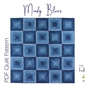 May include: A square quilt featuring a grid of sixteen blocks in varying shades of blue, from light to dark. The text Moody Blues appears at the top, PDF Quilt Pattern on the left, and The Happy Kiwi Quilt Studio logo at the bottom right.