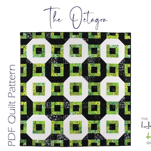 Könnte beinhalten: Ein Quilt mit dem The Octagon PDF Quilt Pattern von The Happy Kiwi Quilt Studio. Das Design besteht aus einem sich wiederholenden Raster aus weißen Achtecken, die grüne gemusterte Quadrate umgeben, vor einem schwarzen Hintergrund.