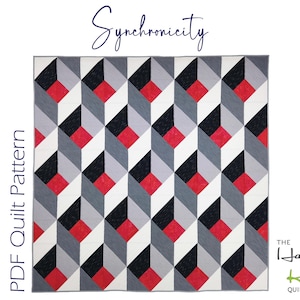 May include: A square quilt featuring a geometric pattern of repeating cubes in shades of black, dark grey, light grey, white, and red. The text "Synchronicity" appears at the top, "PDF Quilt Pattern" on the left, and "THE Happy Kiwi QUILT STUDIO" at the bottom right.
