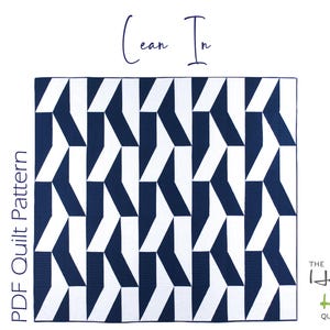 May include: A square quilt pattern titled Lean In featuring a repeating geometric design of dark navy blue and white angled shapes. The text PDF Quilt Pattern is printed on the left, and The Happy Kiwi Quilt Studio logo is in the bottom right corner.