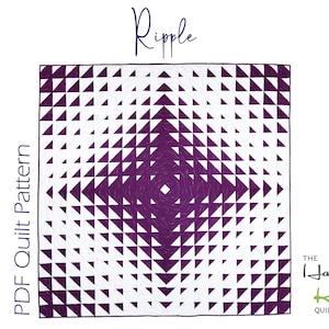 May include: A square quilt pattern titled Ripple featuring a geometric design of purple and white triangles arranged in a radiating starburst formation. The text PDF Quilt Pattern is on the left, and The Happy Kiwi Quilt Studio is on the bottom right.