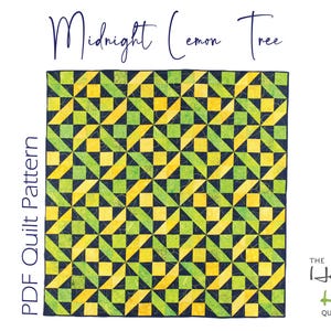May include: A square quilt featuring a geometric pattern of yellow, lime green, and dark navy blue squares and diagonal strips. The text Midnight Lemon Tree, PDF Quilt Pattern, and The Happy Kiwi Quilt Studio are printed around the quilt design.