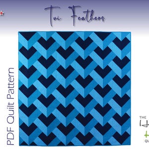 May include: A PDF quilt pattern for a quilt with a geometric design of blue and dark blue feathers. The pattern is titled "Tui Feathers" and is from The Happy Kiwi Quilt Studio.