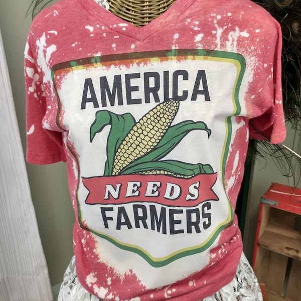 America Needs Farmers Bleached V-Neck T-Shirt: Agriculture Gift