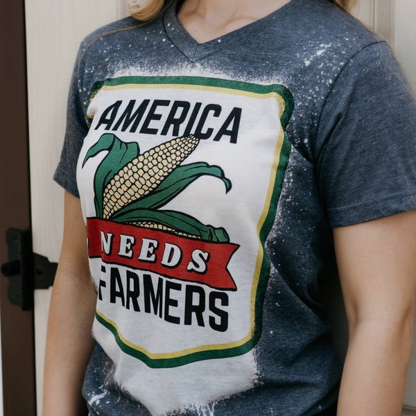 America Needs Farmers T-shirt: Hand Bleached V-Neck Ag Tee