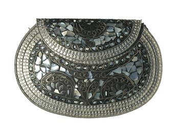 Bolso clutch boho de plata de nácar, bolso de hombro bandolera, bolso de embrague de noche hecho a mano con azulejos de mosaico, regalos hechos a mano para ella